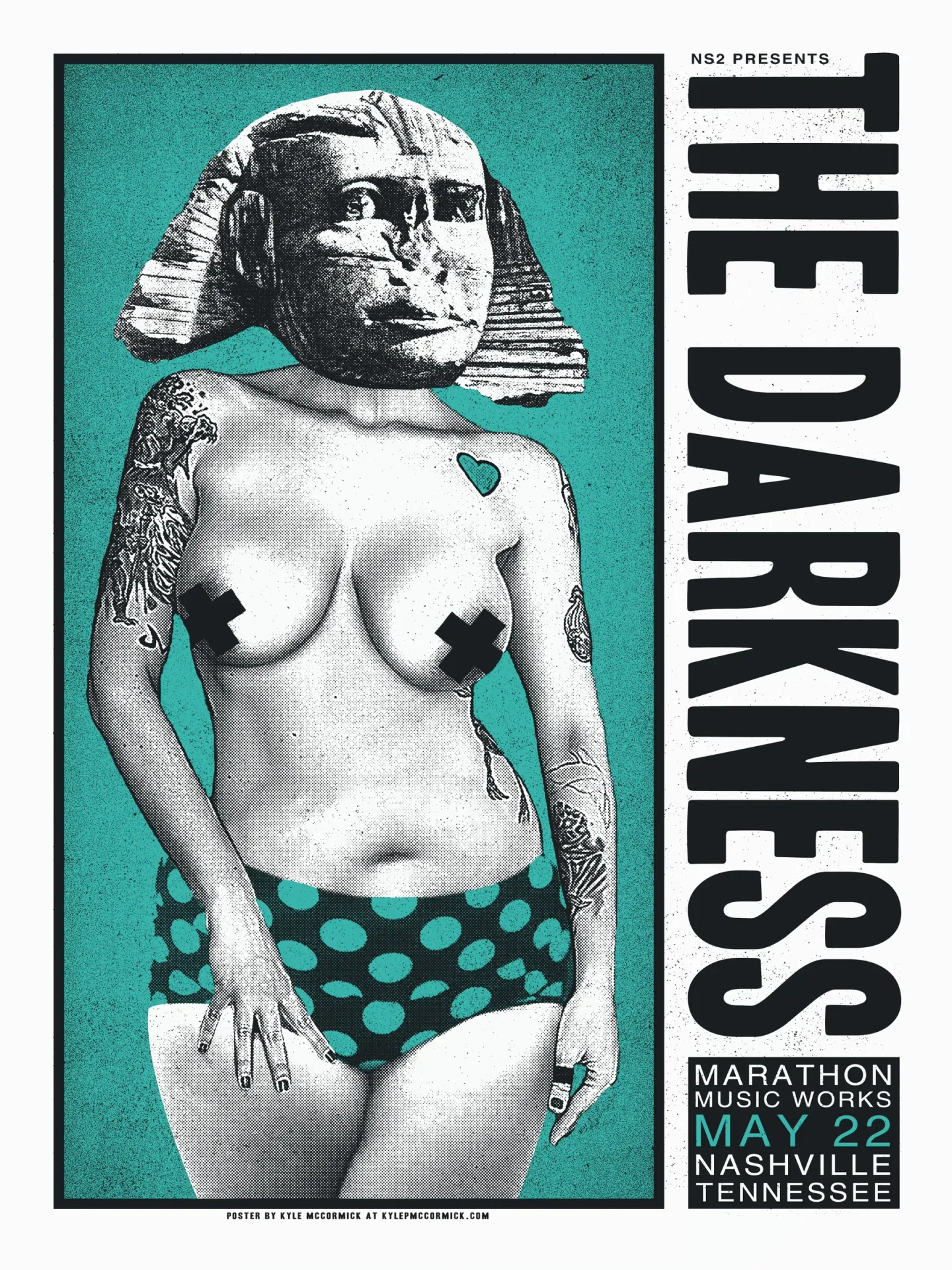 Turquoise-and-black silkscreen poster for The Darkness, showing a tattooed figure with a sphinx head beside vertical concert lettering.